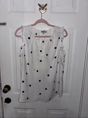 Loft Women’s Polka Dot Ruffle Sleeve Tank Top - White/Black